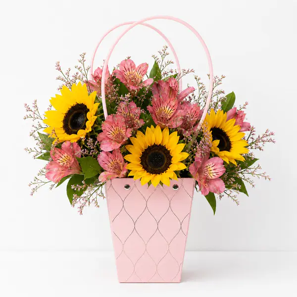 Cartera Floral Rosada con Girasoles y Astromelias