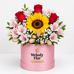 Box Floral Rosado con Girasol y Rosas Rojas